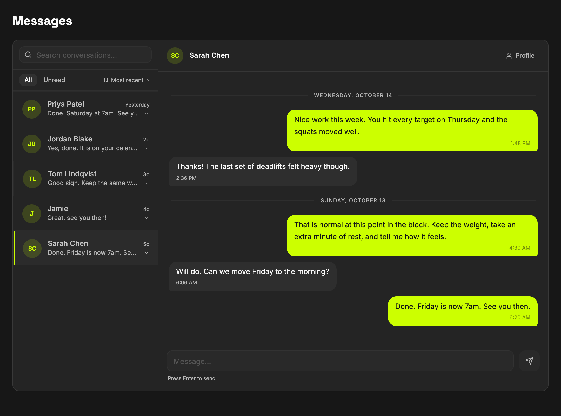 The Messages screen: a conversation between a coach and an athlete, with the list of conversations beside it.